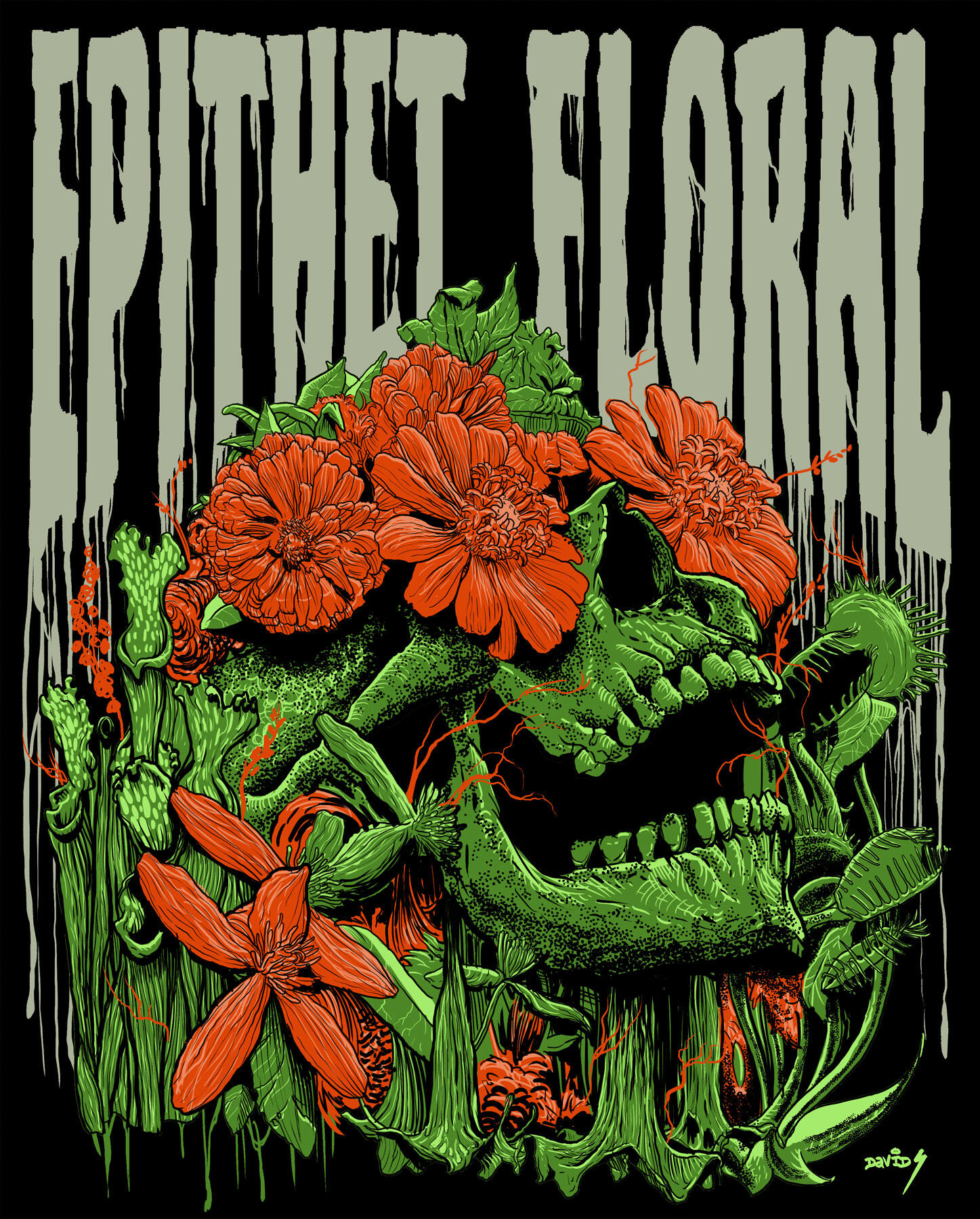 Floral skull surrounded by carnivorous plants, flowers and hand-drawn Epithets Floral lettering.