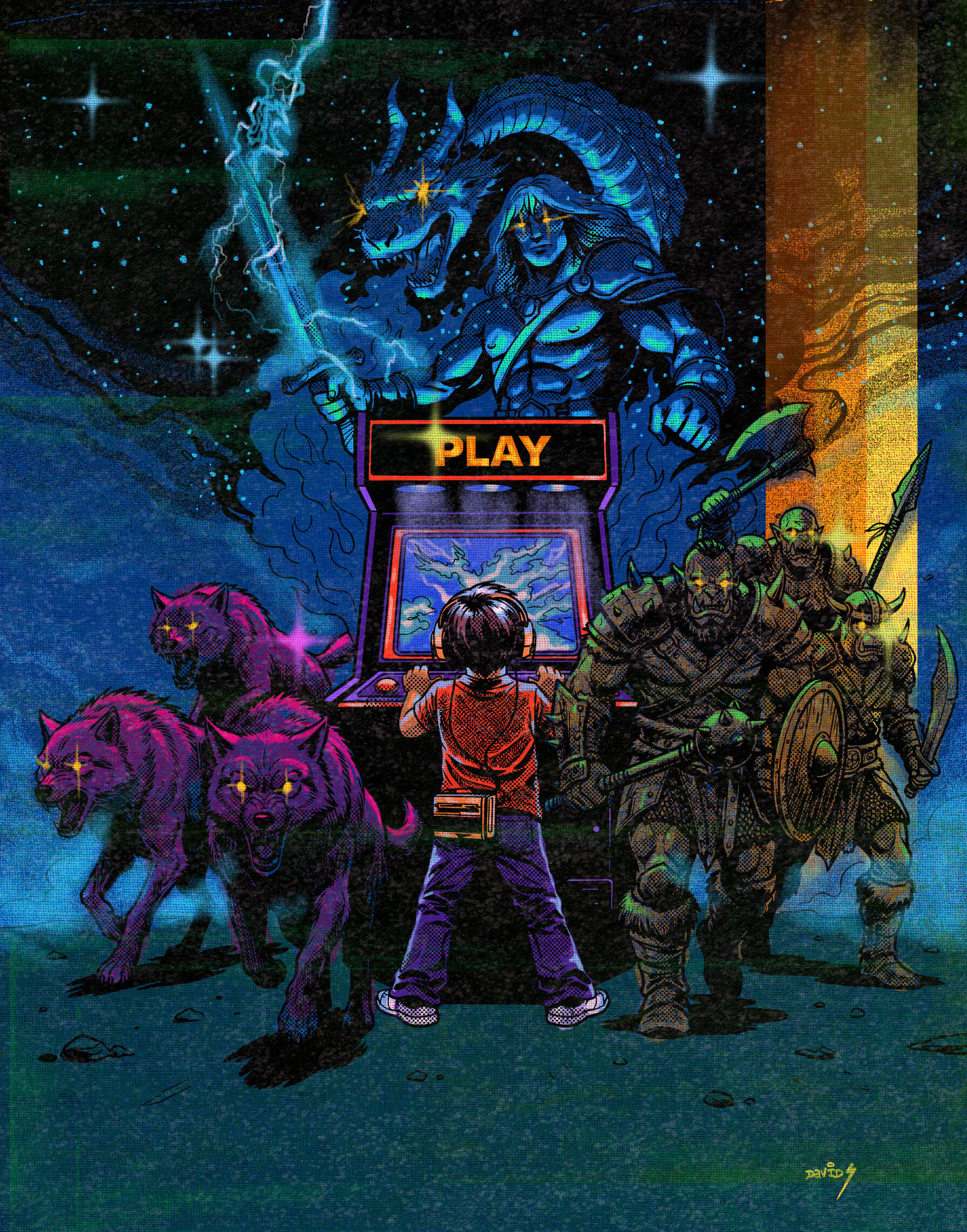 Child facing an arcade cabinet surrounded by wolves, fantasy warriors and a dragon.