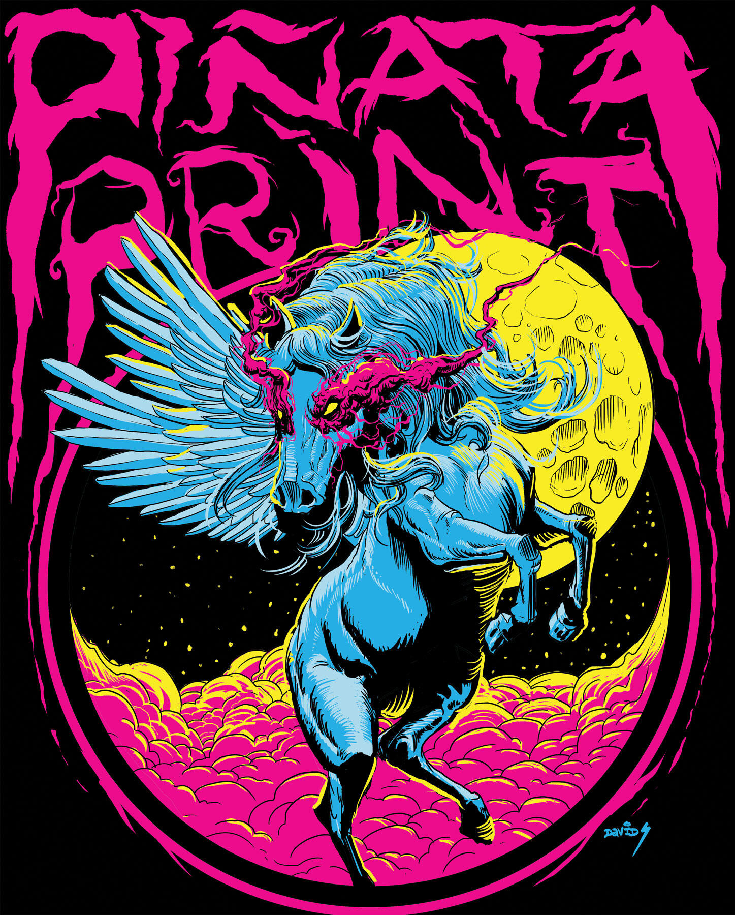 Winged blue horse before a yellow moon with Piñata Print lettering.