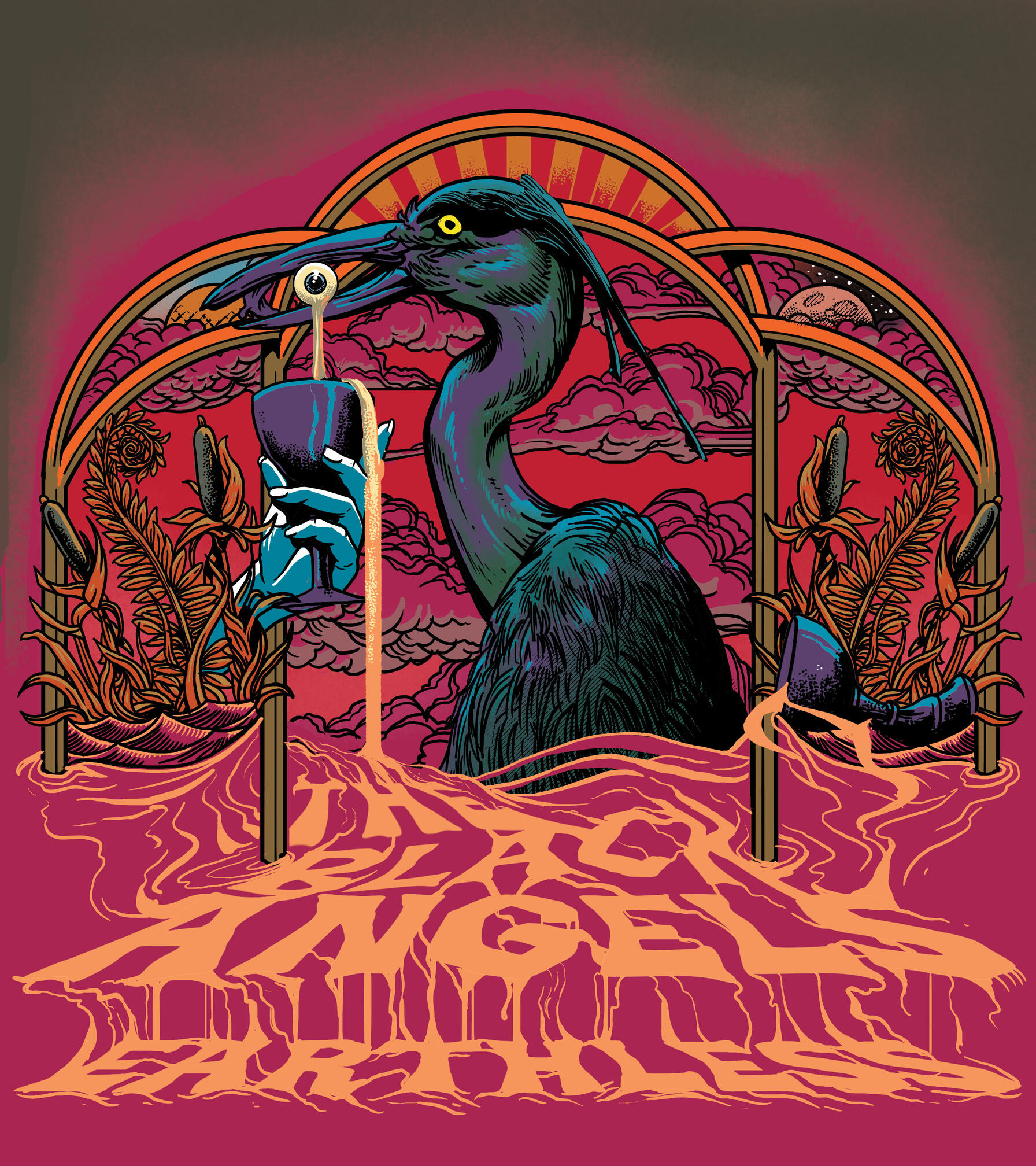 Black bird within an ornate botanical frame for Burial Beer’s twelth anniversary featuring The Black Angels.