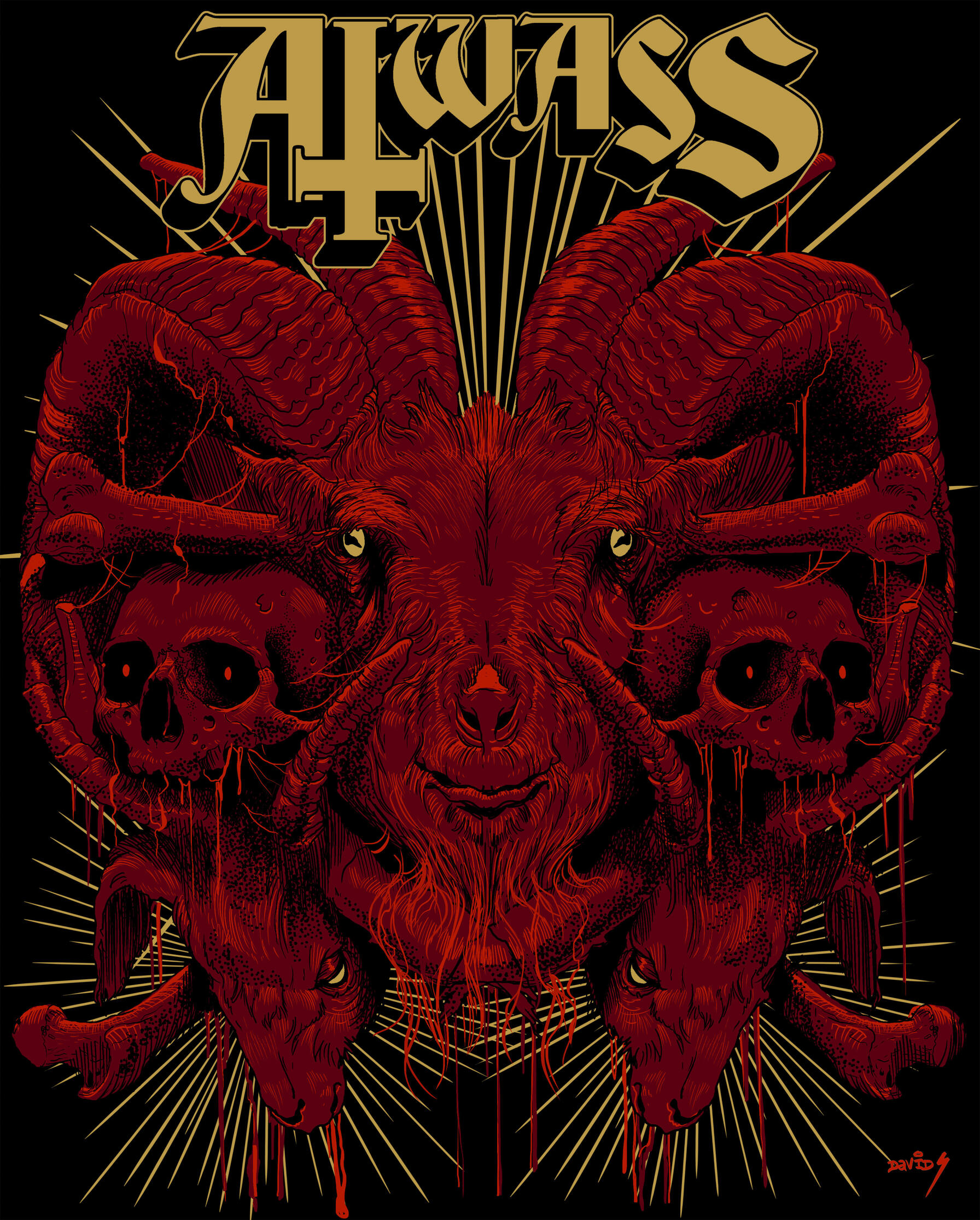 Red ram surrounded by skulls and geometric rays with AIWASS lettering.