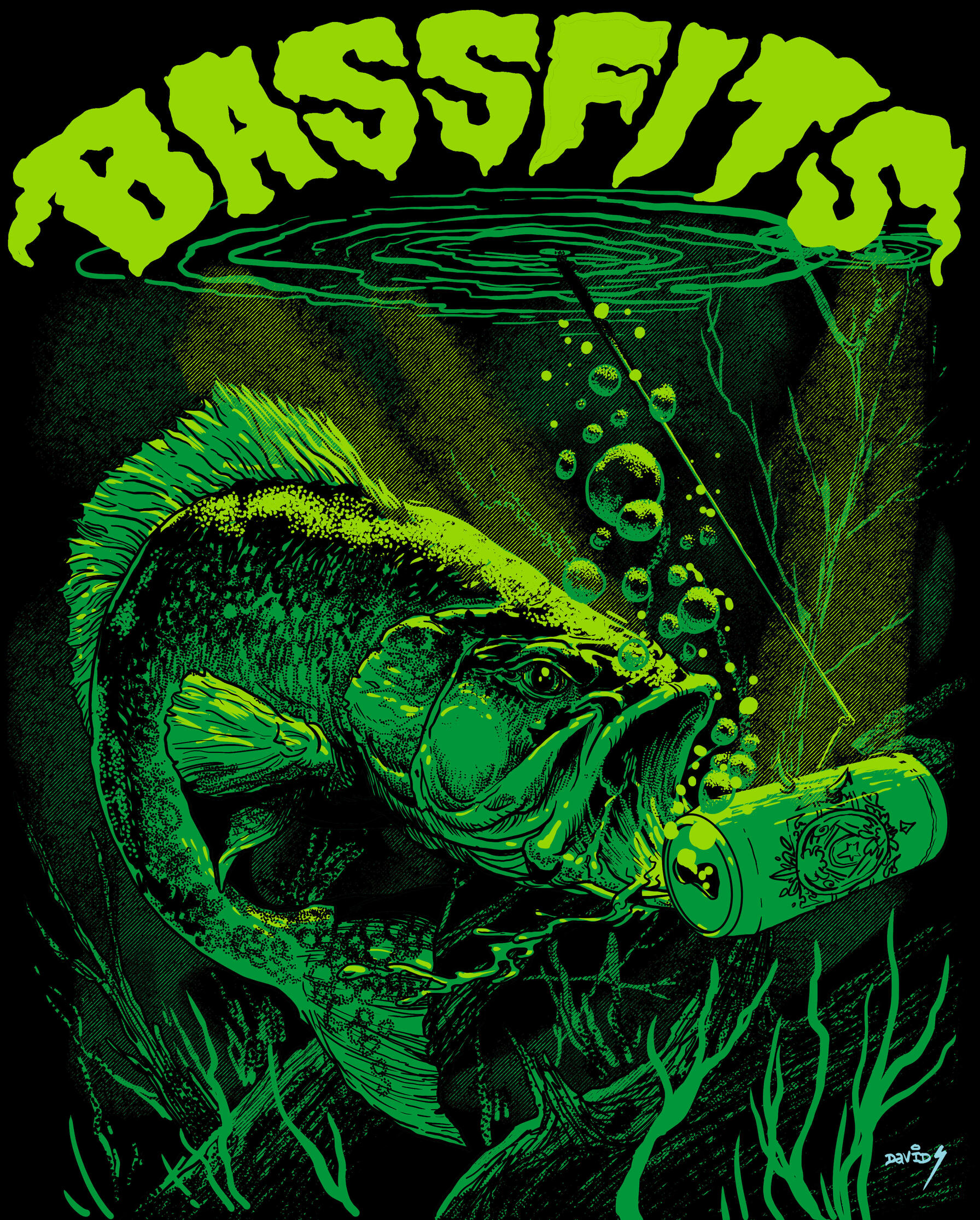 Largemouth bass swallowing a beverage can beneath Bassfits lettering.